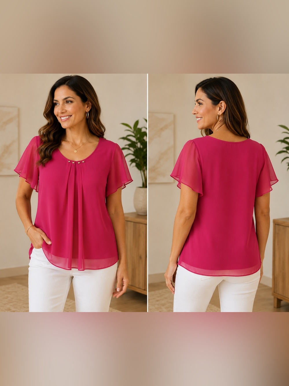 💗 Laura Hamilton Fuchsia Pink Chiffon Flutter Sleeve Blouse – Size M
